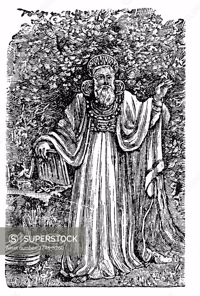 Stock Photo: 1746-5260 Ancient British Arch-Druid wearing the Breastplate of Judgement. Wood engraving c1900