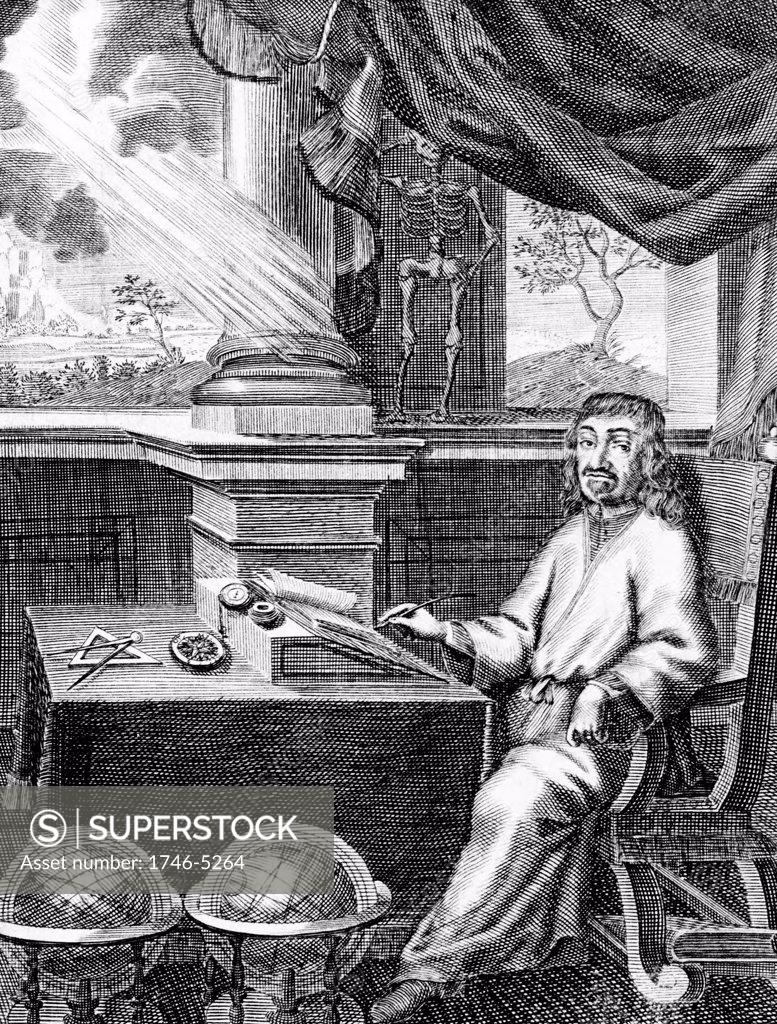 Stock Photo: 1746-5264 Rene Descartes (1596-1650) French philosopher and mathematician in his study.  Engraving from a 17th century edition of his colected works.