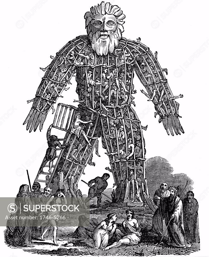 Stock Photo: 1746-5266 Druids making human sacrifice to their gods, based on report by Julius Caesar. Druids, the priests, teachers and judges of Celts suppressed by Romans c50 AD. Woodcut 1832. Wicker Man.