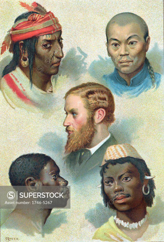 Stock Photo: 1746-5267 Five types into whichthe German doctor and physiologist Johann Freidrich Blumenbach (1752-1840) divided the human race: Caucasian, Mongolian, Malayan, Ethiopian and American.