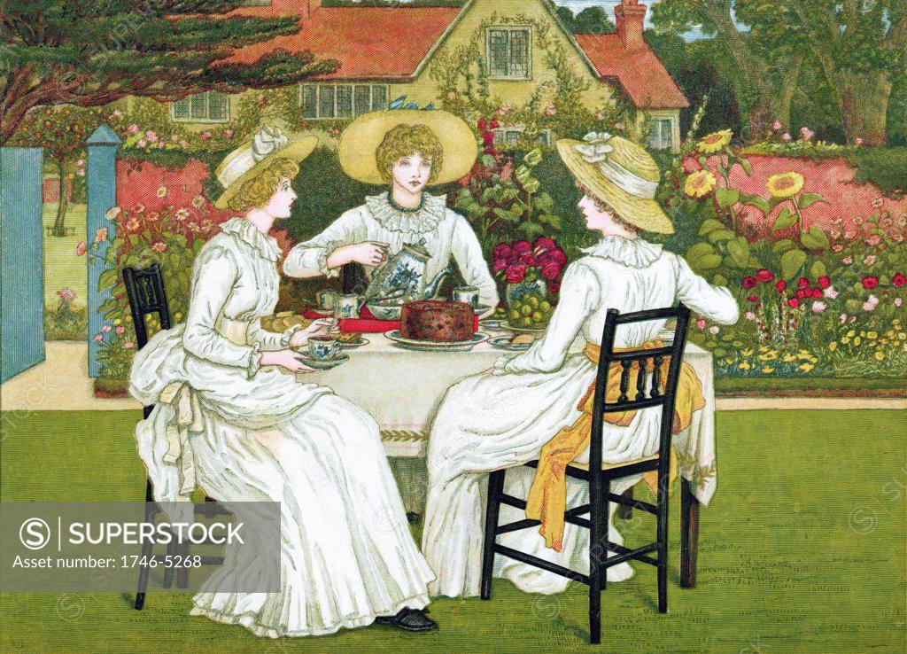Stock Photo: 1746-5268 Afternoon Tea. Three young ladies in white dresses and straw bonnets take tea on lawn in walled garden with wide herbaceous border. Chromolithograph after Kate Greenaway 1886
