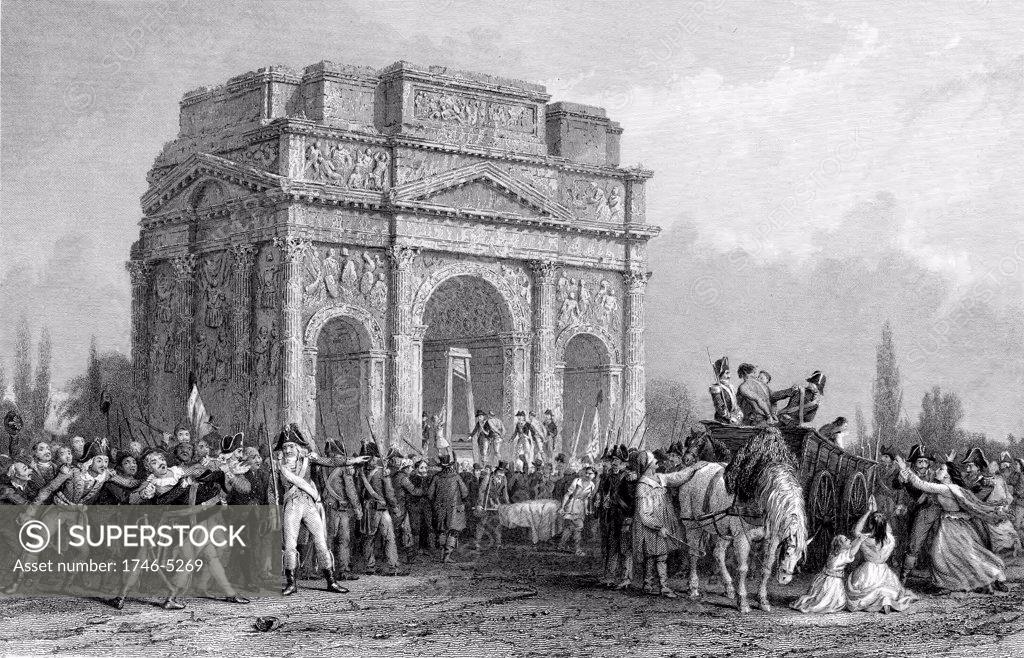 Stock Photo: 1746-5269 French Revolution. Guillotine set up under the Arch of Marius at Orange, on the Rhone, during the Reign of Terror. Engraving.