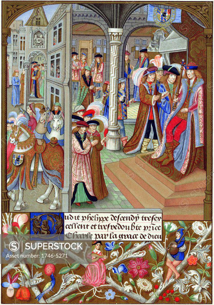 Stock Photo: 1746-5271 Charles The Bold (1433-77) Duke of Burgundy from 1467, enthroned and surrounded by his nobles and counsellors. In illuminated border, a woman plays a lute and a man the bagpipes. Chromolithograph from a 15th century miniature.