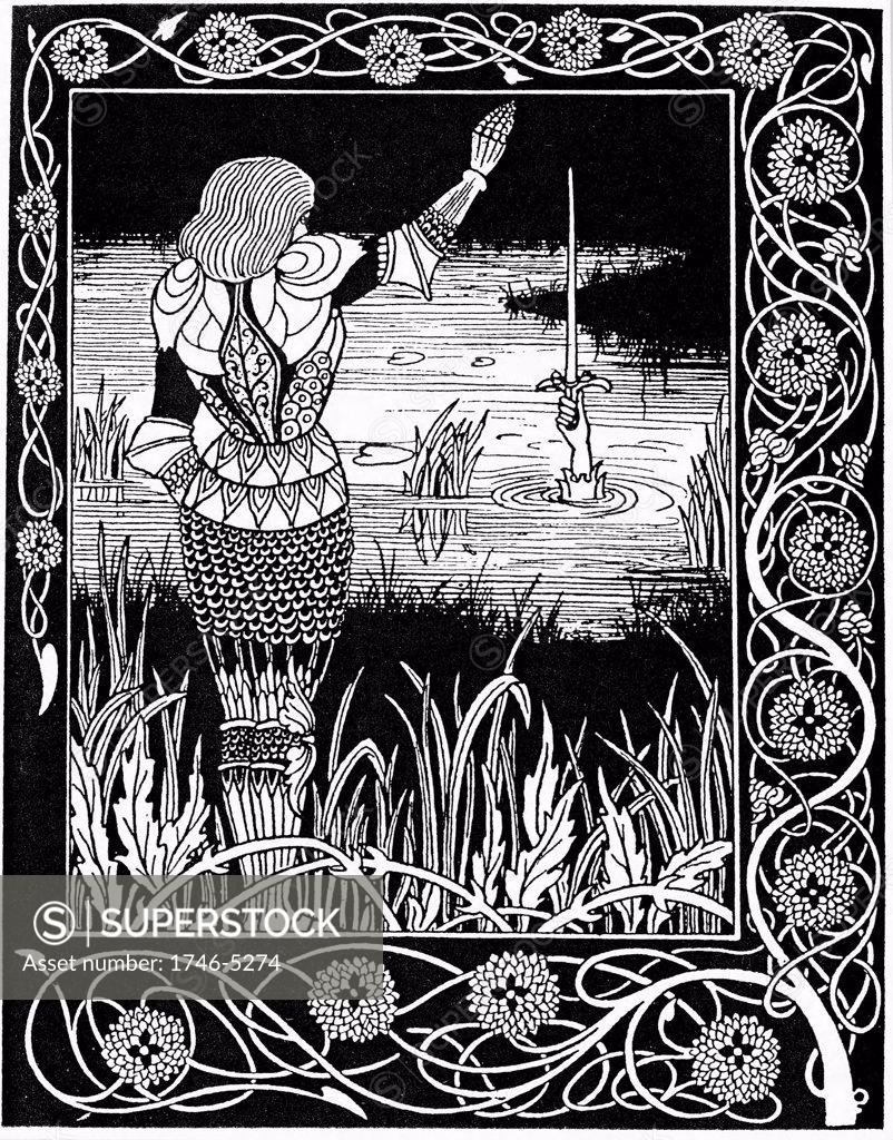 Stock Photo: 1746-5274 Hand in the lake reclaims Excalibur, King Arthur's sword. 1893 illustration by Aubrey Beardsley for Thomas Mallory Le Morte D'arthur. Woodcut.