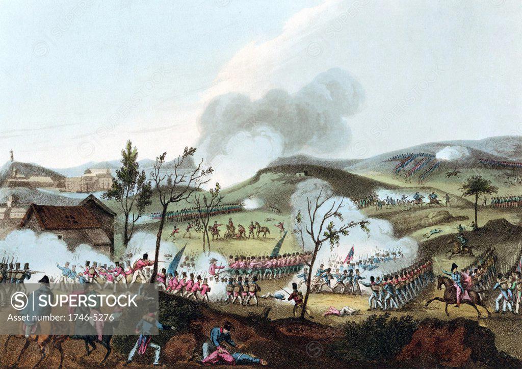 Stock Photo: 1746-5276 Peninsular Campaign. Battle of Corunna (La Coruna) Spain 16 January 1809. British under Sir John Moore defeated French under Soult. Moore mortally wounded but lived to hear of victory. Aquatint after William Heath 1815.