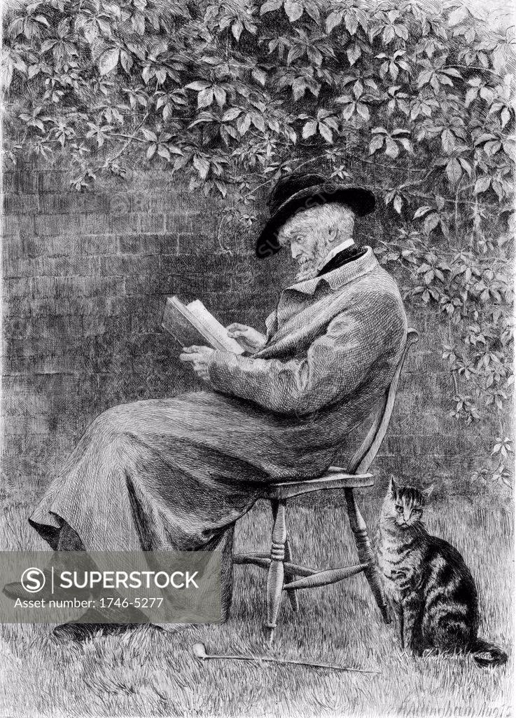 Stock Photo: 1746-5277 Thomas Carlyle (1795-1881) Scottish-born British historian and essayist reading in his garden in Chelsea, London. Etching after painting by Helen Allingham.