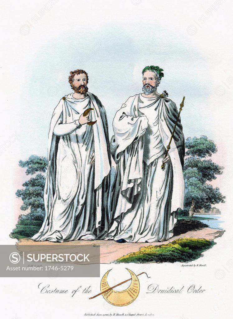 Stock Photo: 1746-5279 Arch-Druid holding sceptre, crowned with oak leaves. Druid holds Crescent (Caed-Rai-Re) representing first quarter of Moon. Robes white for holiness. At bottom are gold Crescent found in Ireland and sacred gold hook for cutting mistletoe. Aquatint 1815.