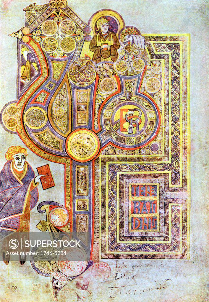 Stock Photo: 1746-5284 Opening words of St Matthew's Gospel Liber Generationes. From The Book of Kells. 6th century manuscript of the Four Gospels