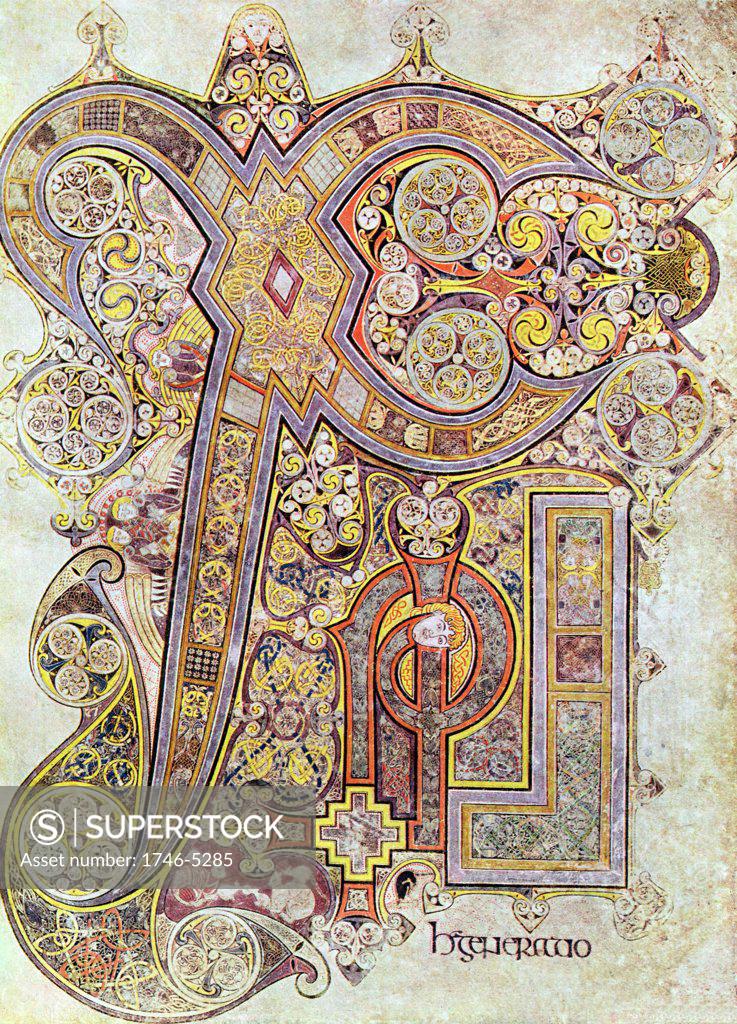 Stock Photo: 1746-5285 Monogram page from The Book of Kells Christi Auteum Generatio 6th century manuscript of the Four Gospels