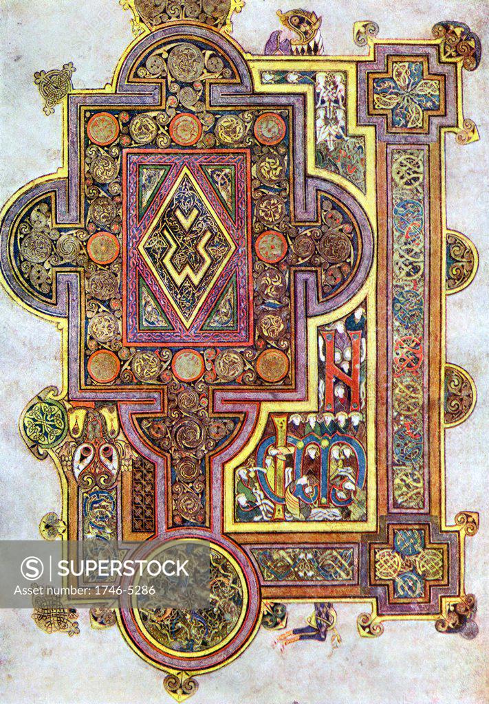Stock Photo: 1746-5286 Opening words of St Luke's Gospel Quoniam. Book of Kells 6th century manuscript of the Four Gospels