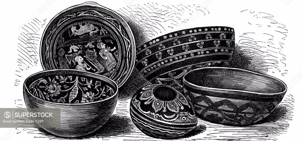 Stock Photo: 1746-5289 Vessels of japanned earthenware from Brazil. Engraving from Ratzel The History of Mankind c1890