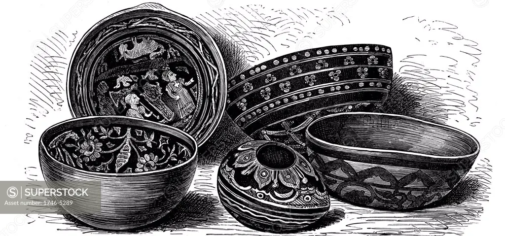 Vessels of japanned earthenware from Brazil. Engraving from Ratzel The History of Mankind c1890