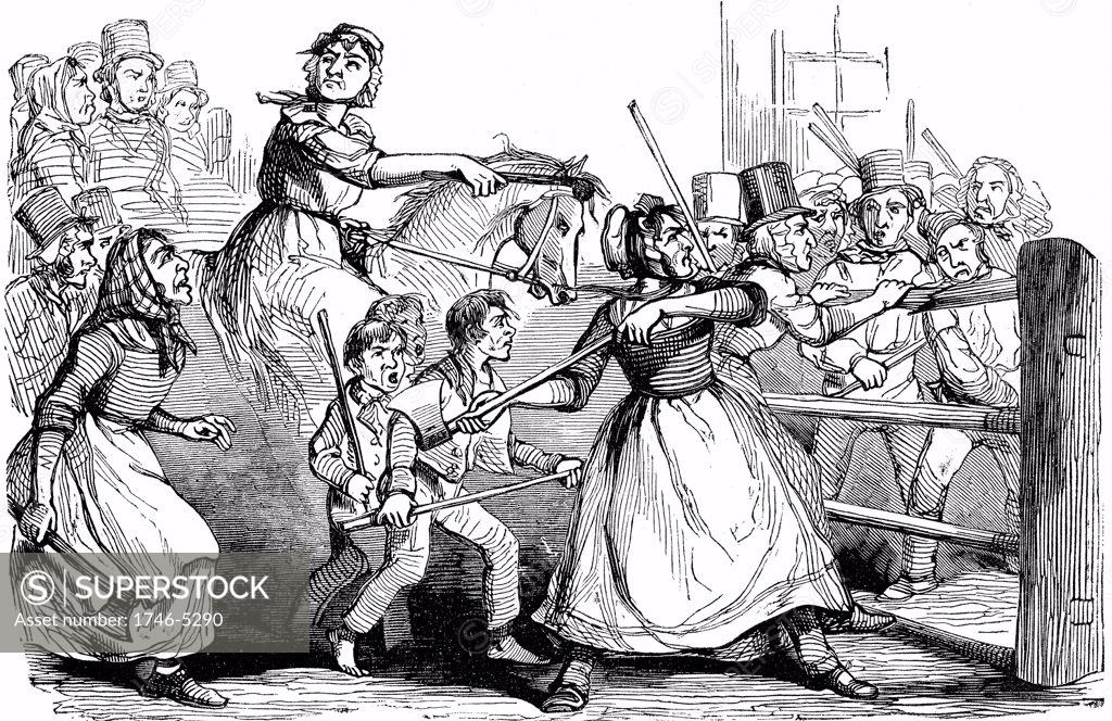 Stock Photo: 1746-5290 Rebecca Riots in Wales. Men and boys, many dressed as women, attacking a turnpike gate in protest at charges at tollgates on public roads. Another of their main targets was union workhouses. From The Illustrated London News  (London,  11 February 1843).