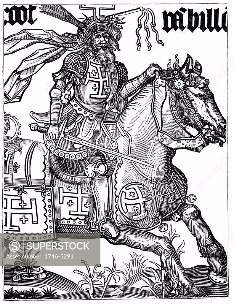Stock Photo: 1746-5291 Godfrey de Bouillon (c1060-1100) French crusader wearing the symbols of Christ's passion in his helmet during the First Crusade. Elected ruler of Jerusalem 1099. 15th century woodcut.