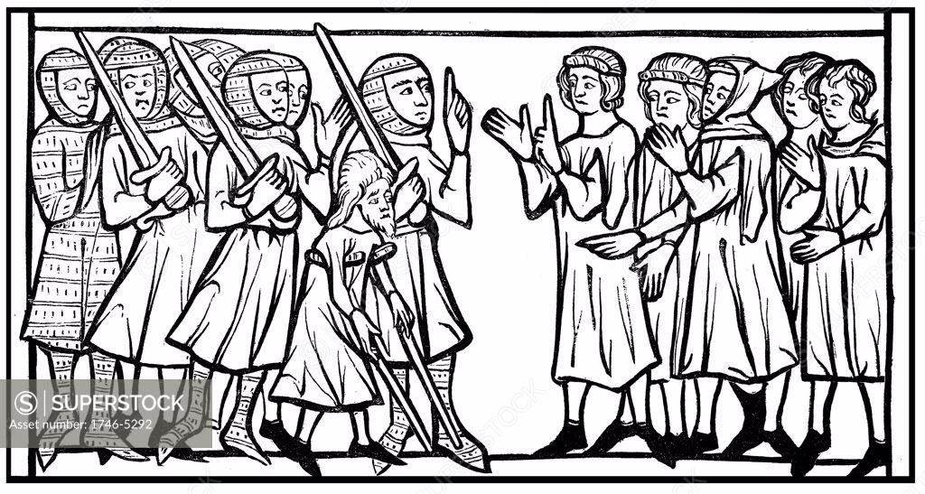Stock Photo: 1746-5292 Envoys of Sultan, old merchant on crutches acting as interpreter, discussing ransoms with Christian knights taken prisoner during a Crusade. Woodcut after miniature in late 13th century manuscript Credo du Joinville.
