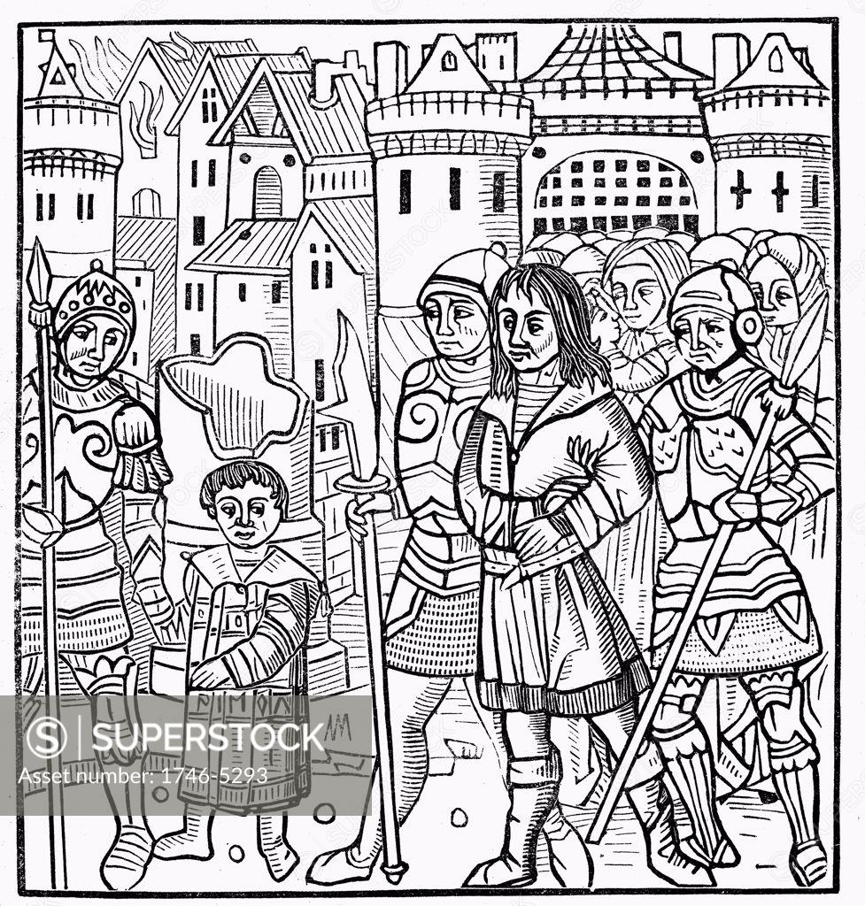 Stock Photo: 1746-5293 Saint Louis (Louis IX of France) and his brothers Alphonse and Charles taken prisoner during the Sixth  Crusade. Ransomed 1250. Woodcut of 1522. Incidence of Scurvy high amongst Crusaders .