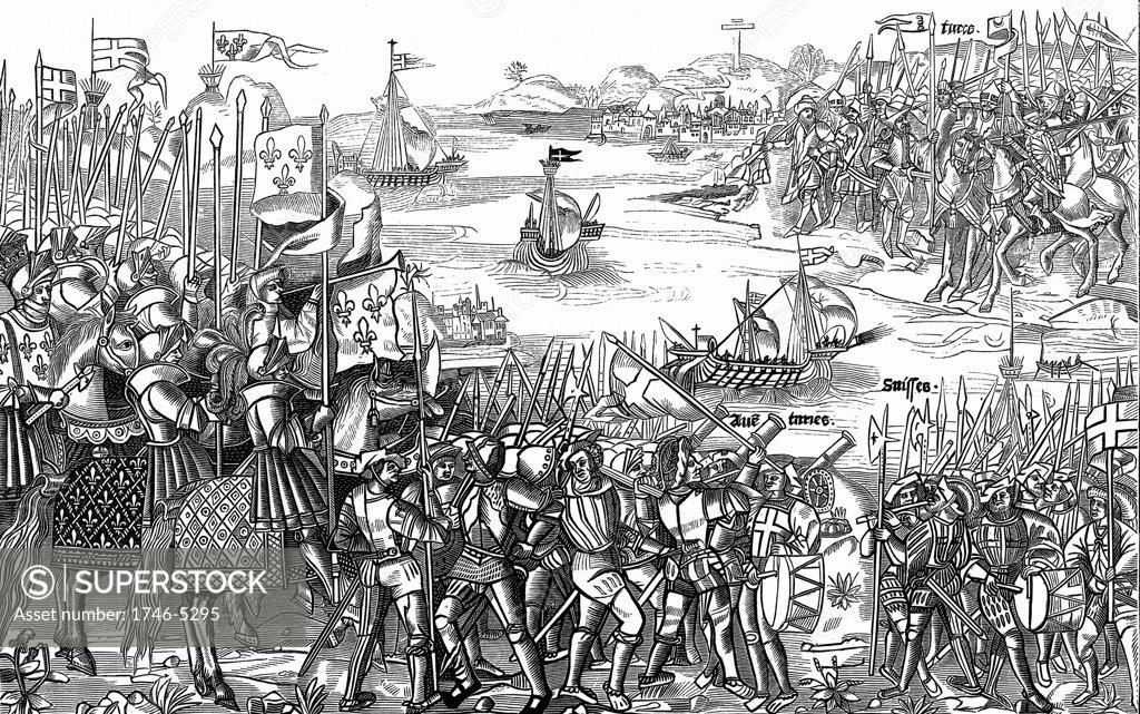 Stock Photo: 1746-5295 Saint Louis (Louis IX of France) on his first (the Sixth) crusade disembarking of Damietta (Nile Delta) which he captured in 1249. Saracen army at top right. Woodcut from Grand voyage de Hierusalem 1522.