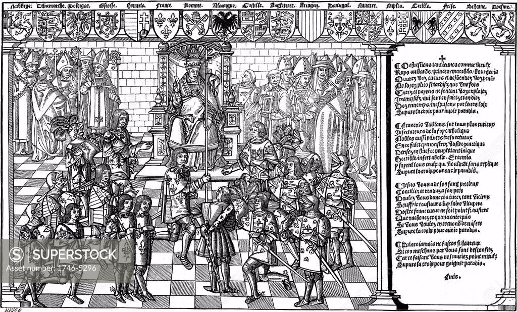 Stock Photo: 1746-5296 Urban II, Pope (1088-99) presiding over Council of Claremont of 1095 which launched the First Crusade. Woodcut from Grand voyage de Hierusalem 1522.