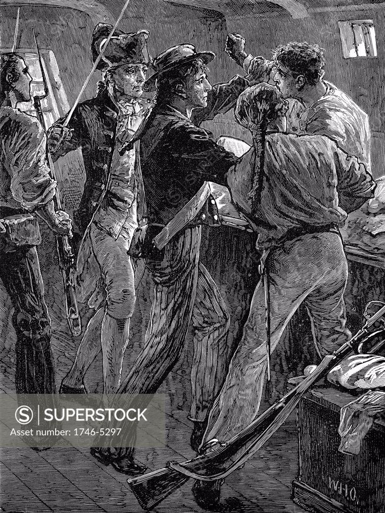 Stock Photo: 1746-5297 William Bligh (1754-1817) British naval officer, seized in his cabin by mutinous crew of 'HMS Bounty', led by Fletcher Christian (with sword) 28 April 1789. Late 19th century engraving.