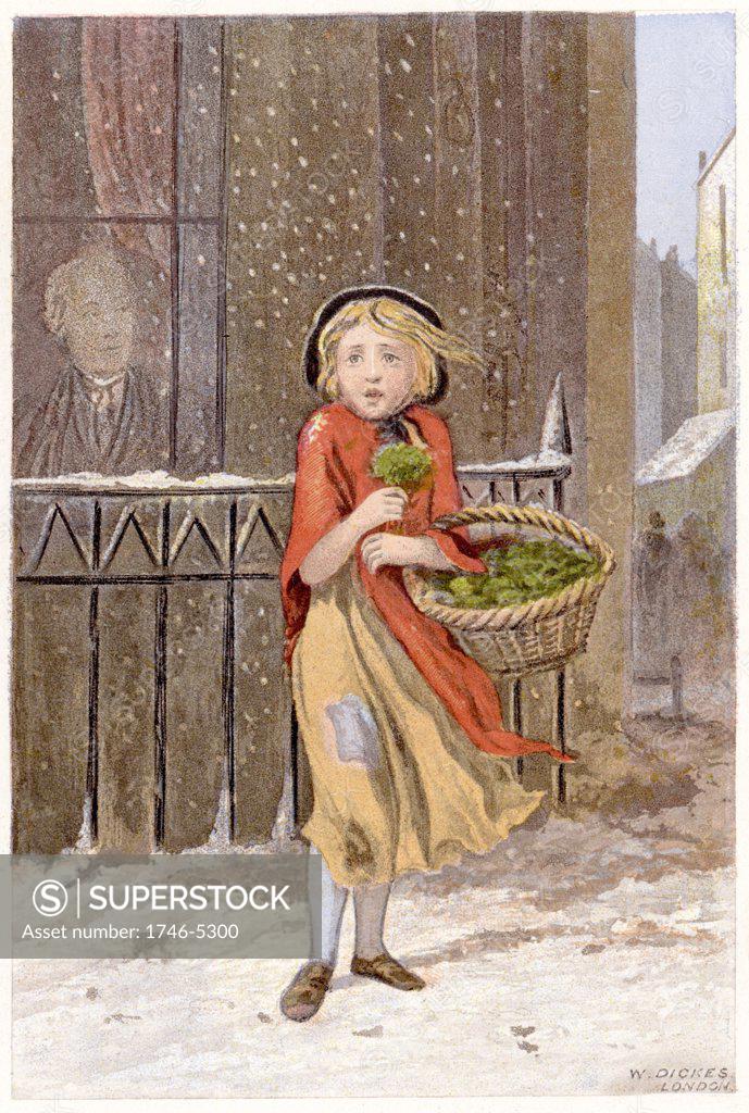 Stock Photo: 1746-5300 Young girl in rags and wearing a shawl, selling watercress on street in a corner in a snowstorm. Chromolithograph London c1880