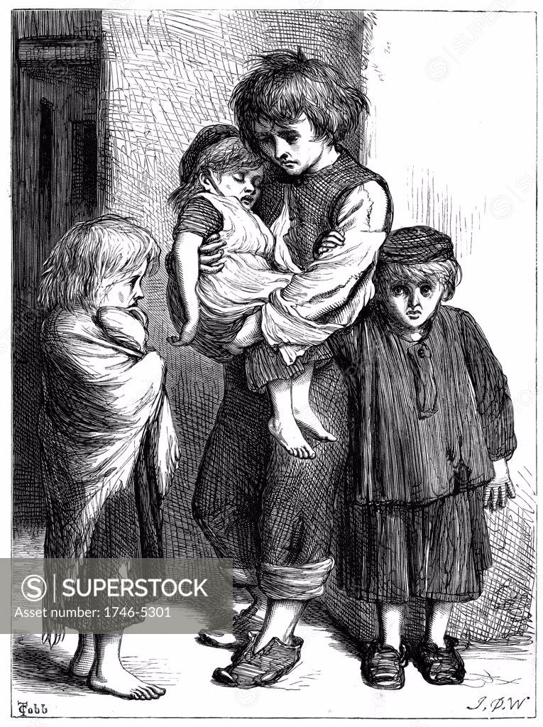 Stock Photo: 1746-5301 The Children of the Poor (Les Enfants Pauvres) - The Ragged Babes That Weep. Miserable, ragged, undernourished children. Illustration by T Cobb for Algernon C Swinburne translation of poem by Victor Hugo, London c1875.  Wood engraving