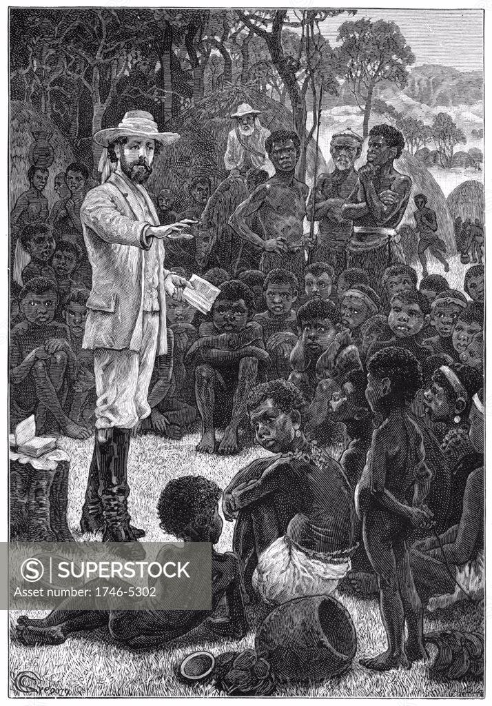 Stock Photo: 1746-5302 Charles Frederick MacKenzie (1825-62) Anglican Bishop of Central Africa (1861), leader of the Universities Mission, preaching to African children.  From Edwin Hodder Heroes of Britain London c1880