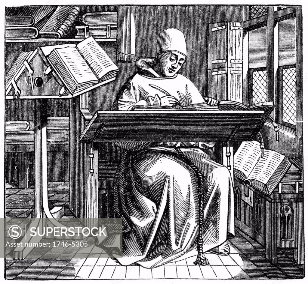 Stock Photo: 1746-5305 Monk at work on a manuscript in the corner of a scriptorium.  Engraving after 15th century manuscript