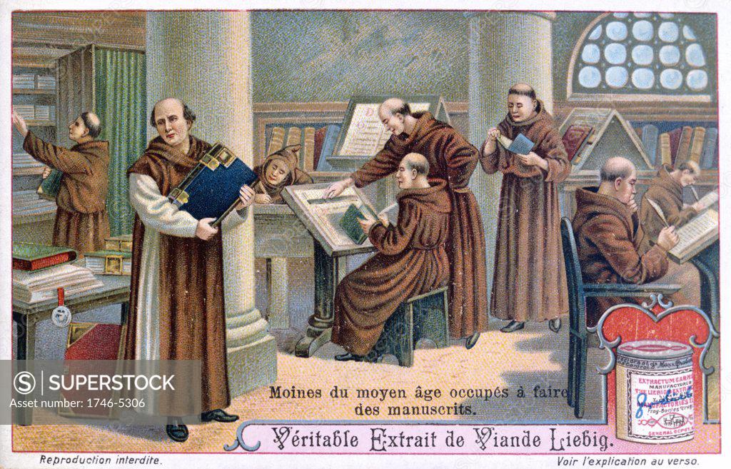 Stock Photo: 1746-5306 Monks at work on manuscripts in a scriptorium.  Liebig trade card c1900. Chromolithograph