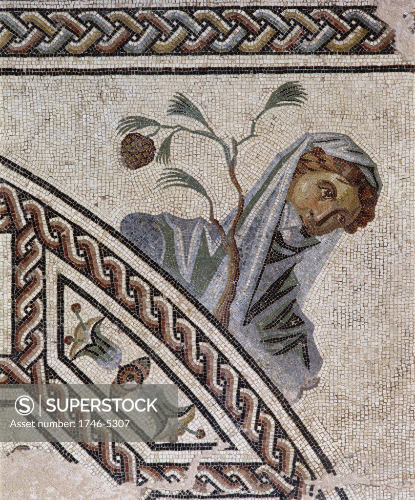 Stock Photo: 1746-5307 Detail from Gallo-Roman mosaic pavement showing head and shoulders of woman and sprig of tree, and part of decorative border.