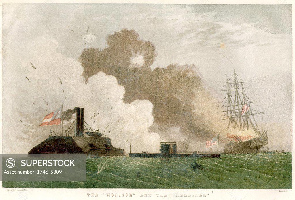 Stock Photo: 1746-5309 American Civil War: Engagement between Confederate ironclad 'Merrimac' and Union ironclad 'Monitor' - 8 March 1852. Chromolithograph published 1864