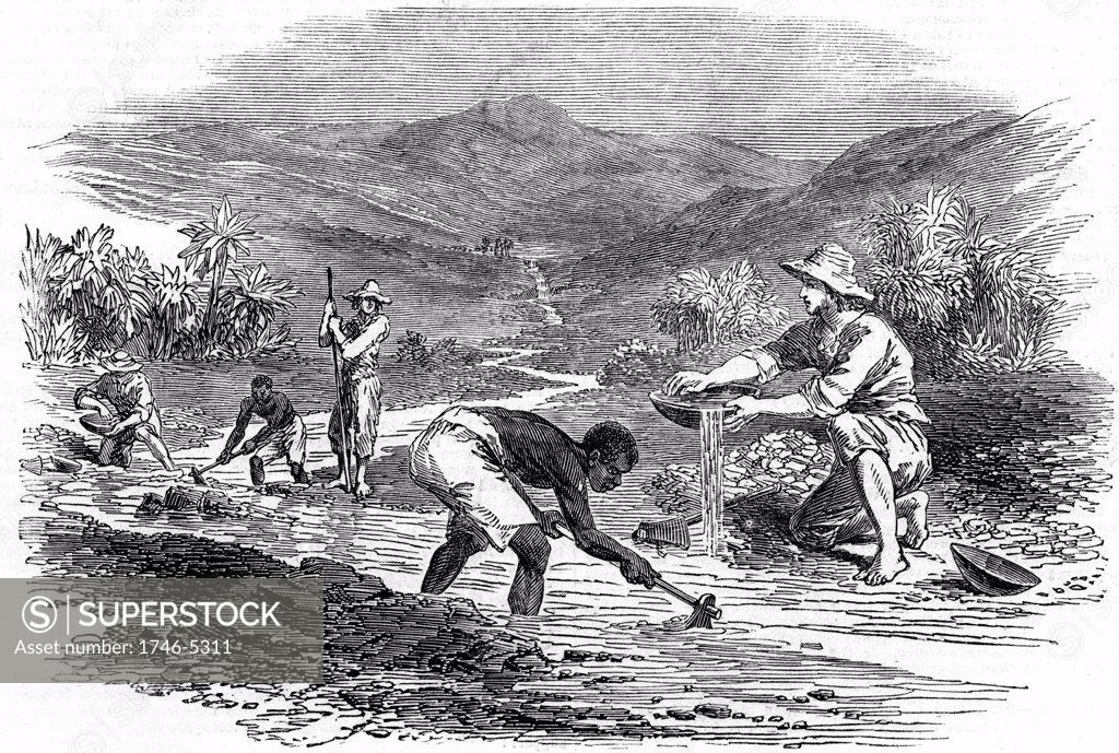 Stock Photo: 1746-5311 Panning for gold during the Californian Gold Rush of 1849. From The Illustrated London News 6 January 1849. Wood engraving
