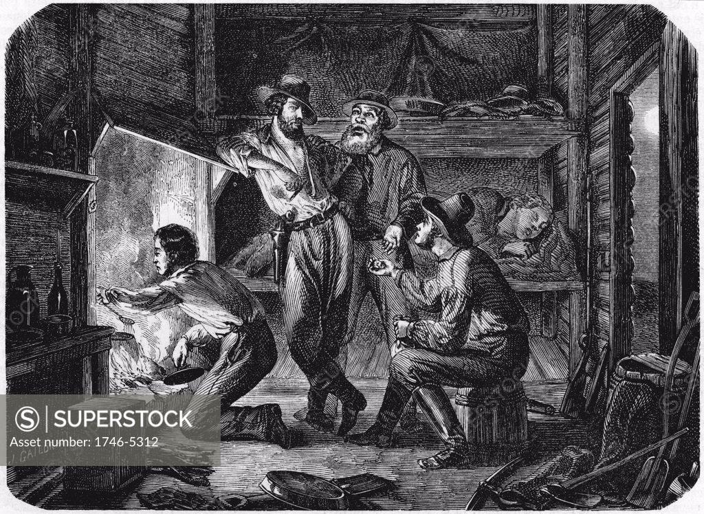 Stock Photo: 1746-5312 Miners in the Californian gold fields relaxing in their log cabin at night.  From L'Illustration Paris 6 August 1853. Wood engraving