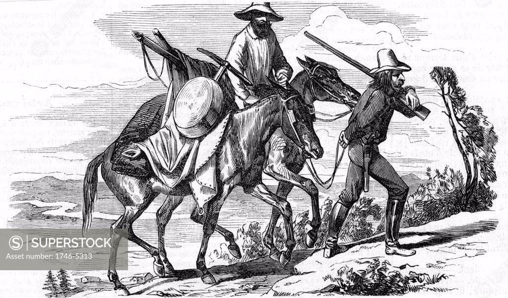 Stock Photo: 1746-5313 Hopefuls off to the Californian gold fields with their belongings and equipment loaded on their horses and carrying pistols and rifle.  From L'Illustration Paris 18 June 1853. Wood engraving