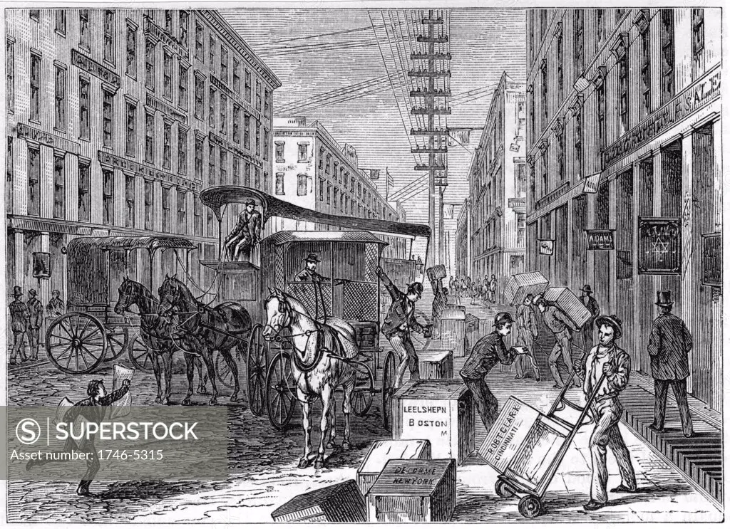 Deliveries and collections taking place at Wells Fargo depot, New York.  From Harper's New Monthly Magazine New York 1875. Wood engraving