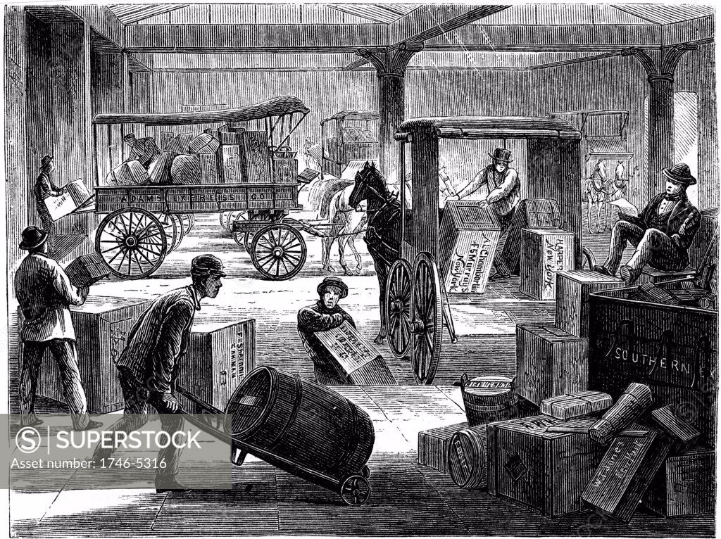 Stock Photo: 1746-5316 Loading up horse-drawn vans at the Wells Fargo general office, New York. From Harper's New Monthly Magazine New York 1875. Wood engraving.