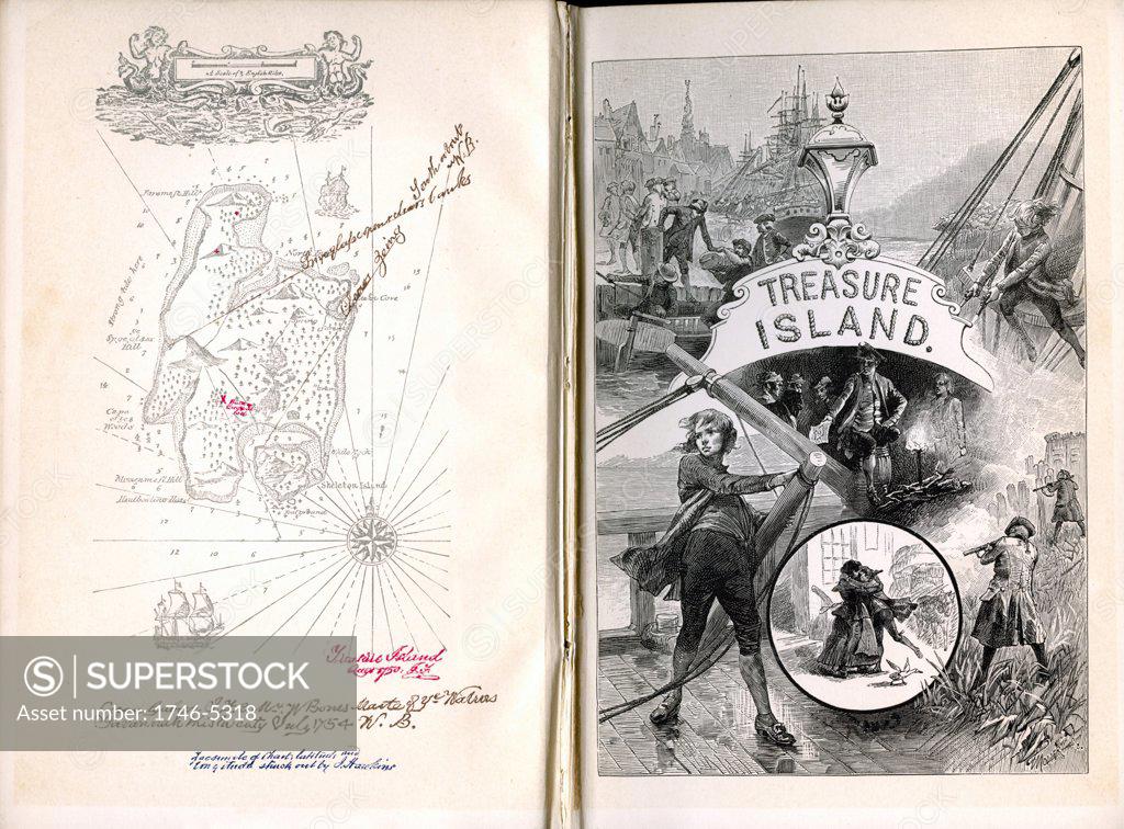Stock Photo: 1746-5318 Robert Louis Stevenson (1850-94) Treasure Island adventure novel for children first serialised as The Sea Cook: or, Treasure Island in Young Folks 1881-82 and in book form 1883. Frontispiece and half-title of 1886 illustrated edition showing map of island of Hispaniola with instruction for finding pirates' treasure .