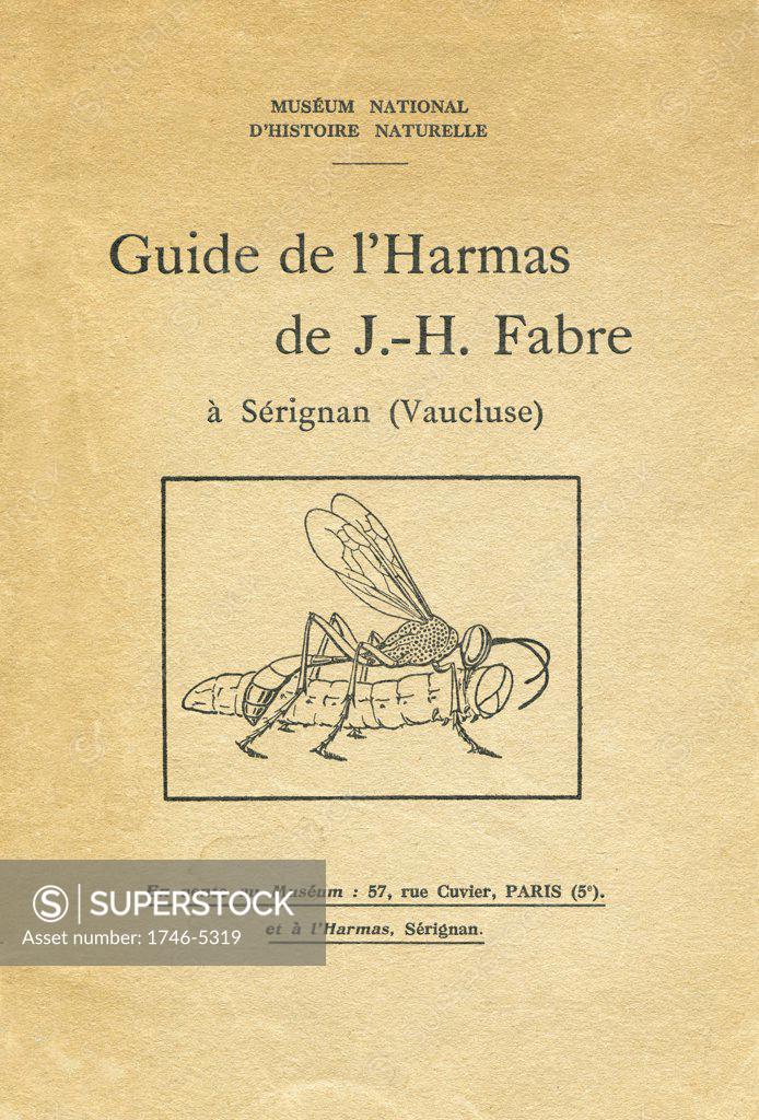 Stock Photo: 1746-5319 Jean-Henri Fabre (1823-1915) French entomologist.  Cover of booklet published 1933 with illustration showing a parasitic wasp which will lay it's eggs in the caterpillar where they will hatch and live on the victims body.