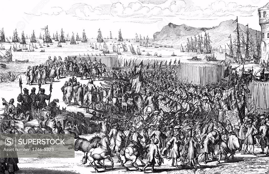 Stock Photo: 1746-5323 William III (William of Orange 1650-1702) co-ruler of Great Britain and Ireland with wife Mary II from 1689, and sole ruler after her death in 1694. William landing at Torbay, Devon, 5 November 1688 with troops at beginning of the Glorious Revolution. Engraving.