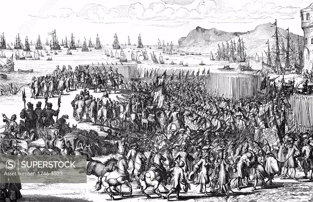 William III (William of Orange 1650-1702) co-ruler of Great Britain and Ireland with wife Mary II from 1689, and sole ruler after her death in 1694. William landing at Torbay, Devon, 5 November 1688 with troops at beginning of the Glorious Revolution. Engraving.
