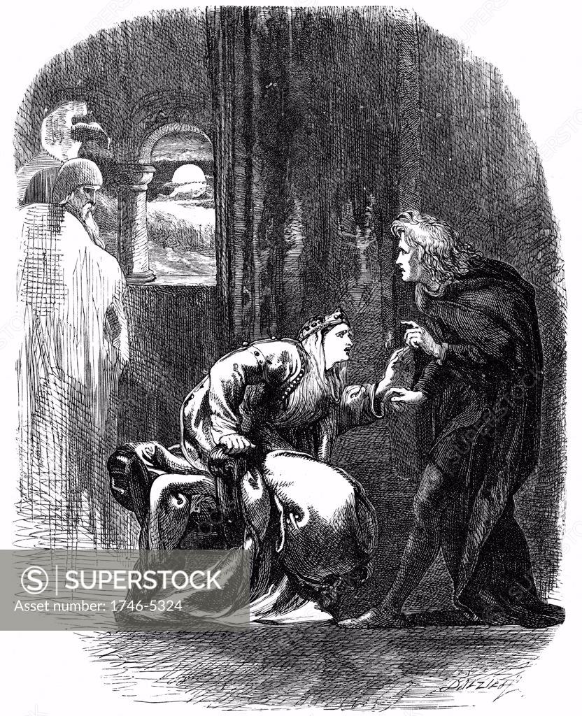 Stock Photo: 1746-5324 Shakespeare Hamlet Act 3 Sc 4. Ghost of Hamlet's father appearing to him to remind him that he must take vengeance on his mother and uncle for their treachery. 19th century engraving.