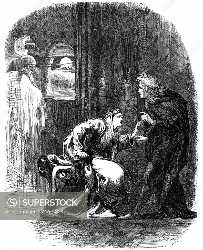 Shakespeare Hamlet Act 3 Sc 4. Ghost of Hamlet's father appearing to him to remind him that he must take vengeance on his mother and uncle for their treachery. 19th century engraving.