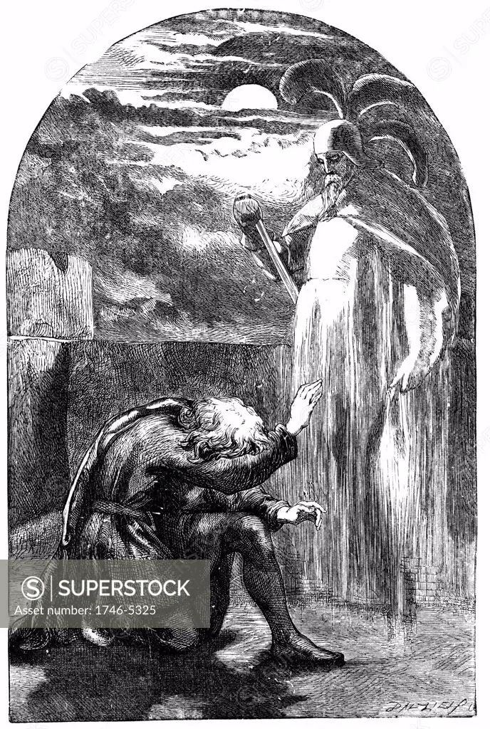 Shakespeare Hamlet Act l Sc 5. Hamlet seeing his father's ghost on the battlements of Elsinore Castle. 19th century engraving.