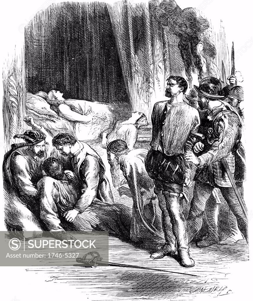 Stock Photo: 1746-5327 Shakespeare Othello Act 5: Desdemona and Emilia lie dead, Othello has stabbed himself and Iago is taken prisoner. 19th century engraving.
