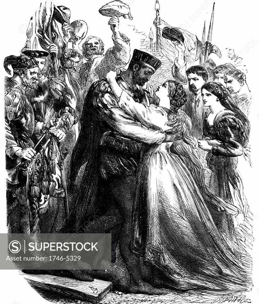 Stock Photo: 1746-5329 Shakespeare Othello Act 2: Othello welcoming Desdemona to Cyprus. 19th century engraving.