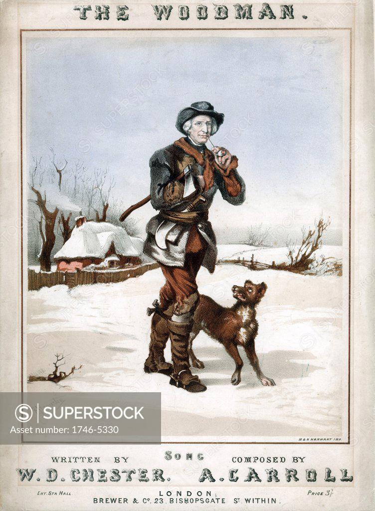 Stock Photo: 1746-5330 The Woodman setting off to work in snowy landscape, axe under arm and billhook tucked in belt, with pipe for comfort and dog for company. Coloured lithograph from cover of song with lyrics by WD Chester, composer A Carroll