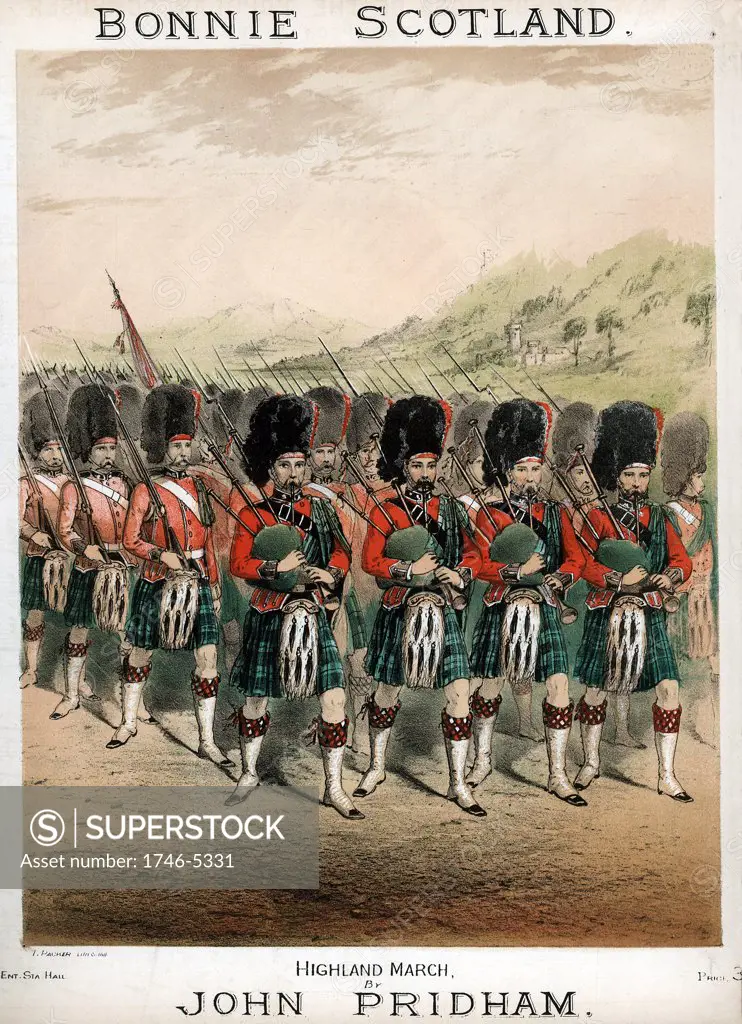 Pipers leading a march; kilted Highland Footguards wearing Busbies and Sporrans. Coloured lithograph from cover of Bonnie Scotland Highland march; composer John Pridham, c1860