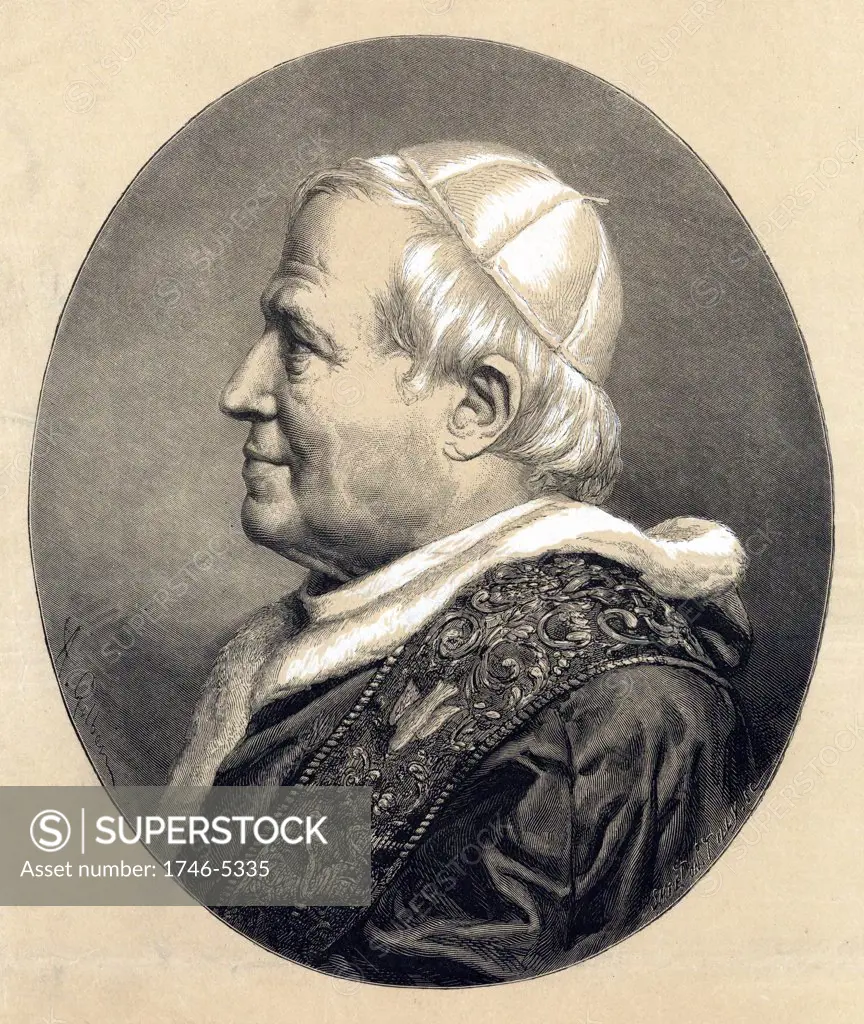 Pius IX (Giovanni Maria Mastai Ferretti - 1792-1878) Pope from 1846. Engraved tinted portrait published at time of his death