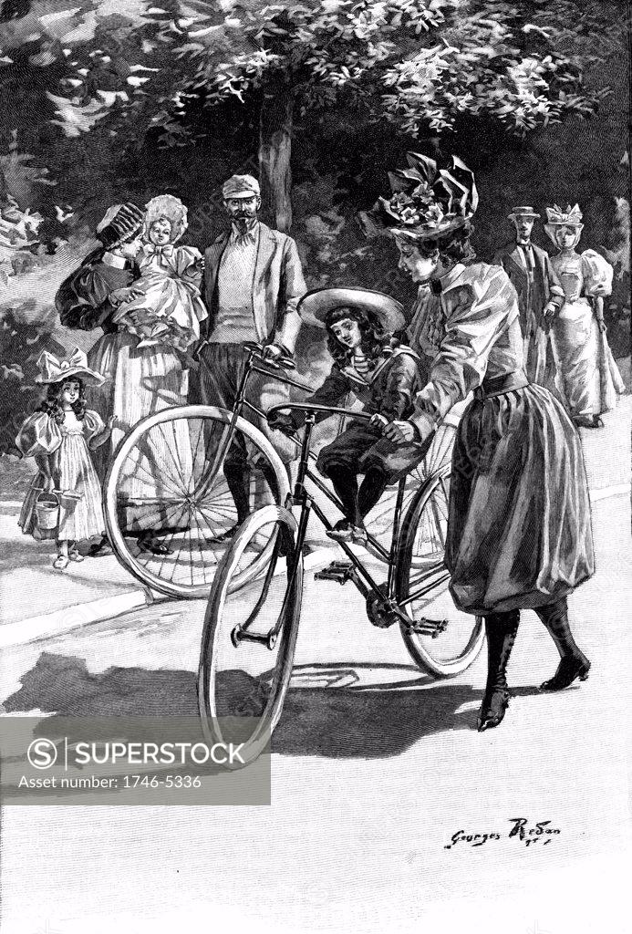 Stock Photo: 1746-5336 Cycling: Lady in 'Rational' cycling dress of knickerbockers and gaiters, giving small daughter a ride on the saddle. French illustration c1890.