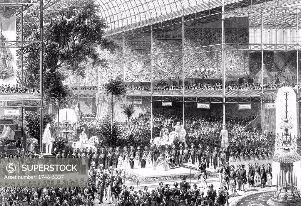 Stock Photo: 1746-5337 Great Exhibition, Crystal Palace, London. Queen Victoria opening exhibition 1 May 1851. Engraving.