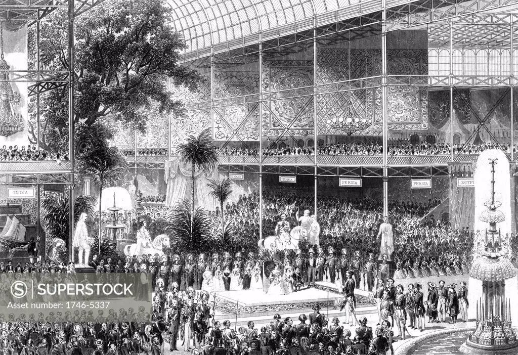 Great Exhibition, Crystal Palace, London. Queen Victoria opening exhibition 1 May 1851. Engraving.
